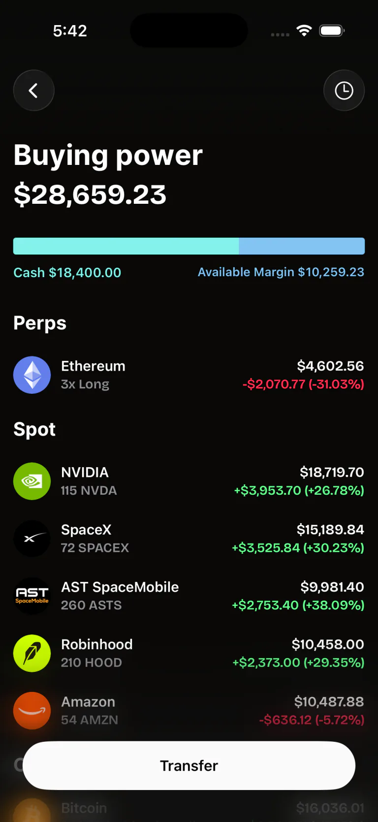 Buying Power screen with balances, positions, and the Transfer button