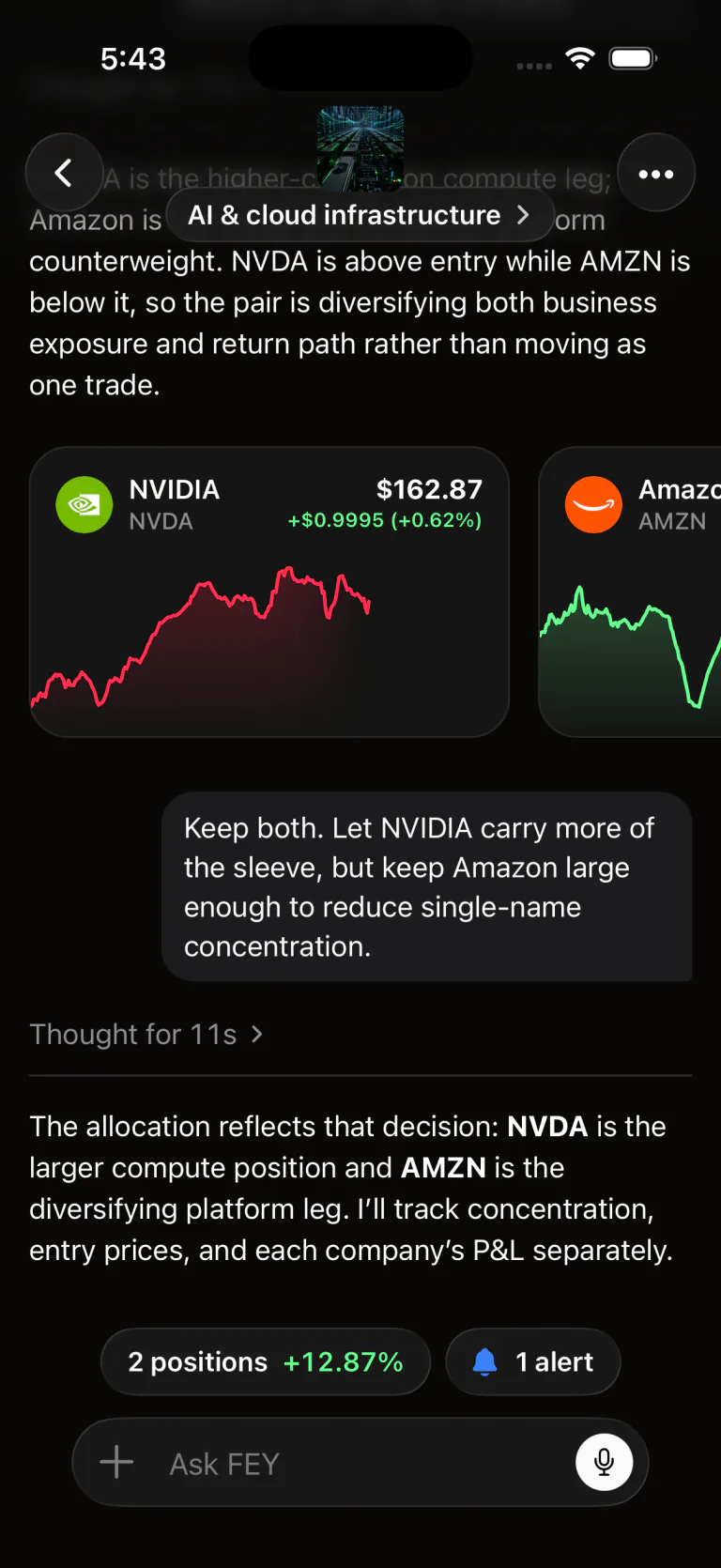 FEY conversation showing market research, two positions, and an alert